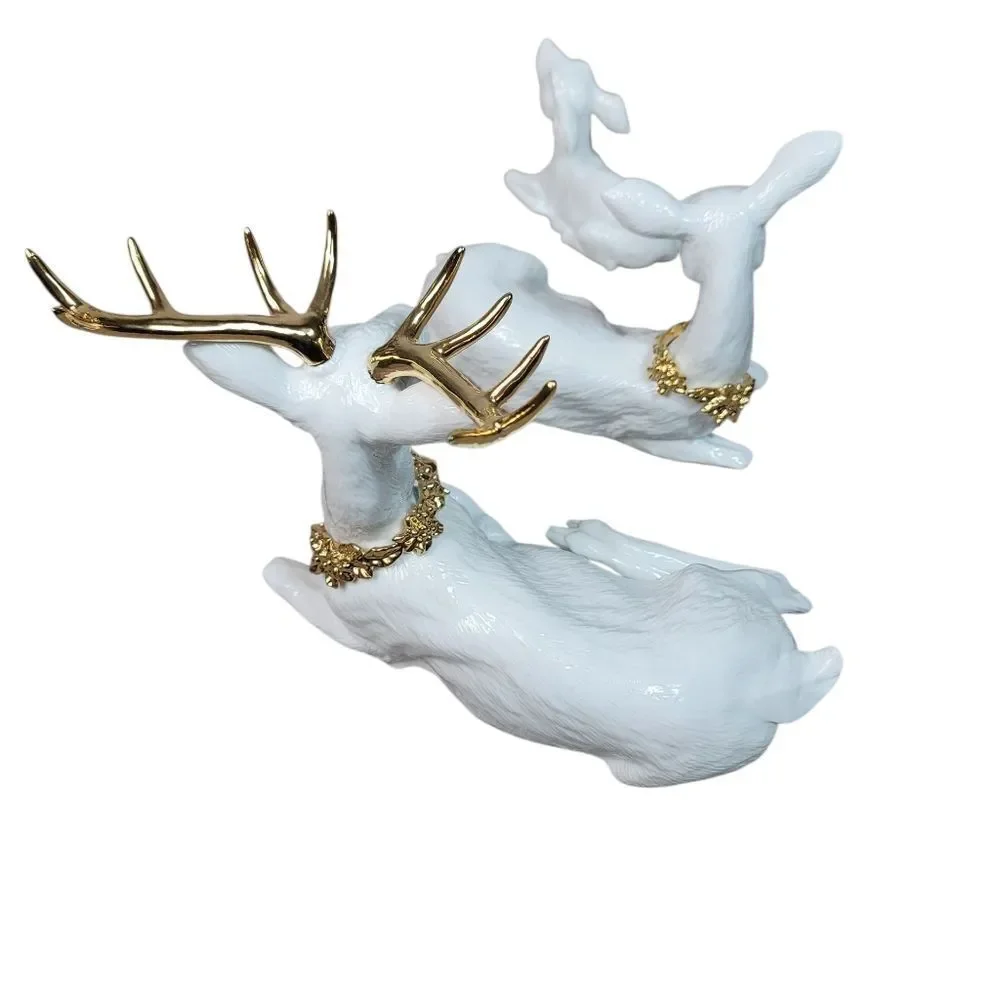 Tree Piece Porcelain Deer Family White Hand Paint With Gold Accents By Galleria